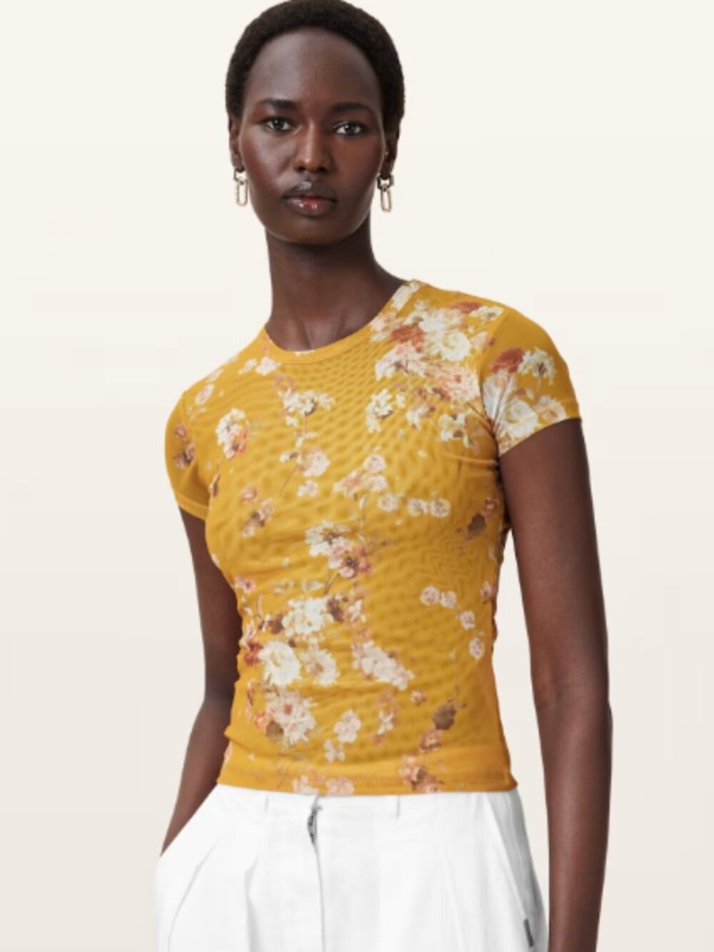 ALLSAINTS Ellie Floral Print Mesh T-Shirt in deep yellow, size 4